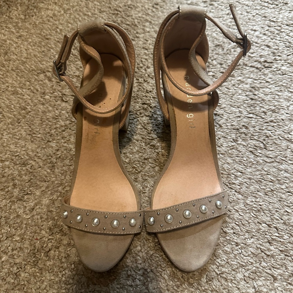 Madden Girl Tan Block Heel Sandals with Studded Details